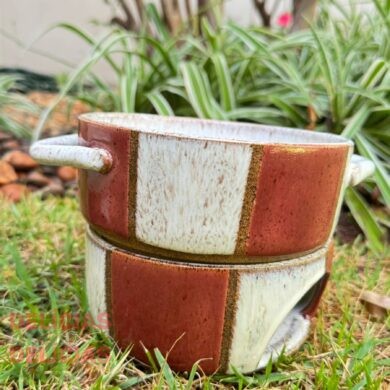 Aparelho de Fondue G de Cerâmica off White\Marsala listrado.